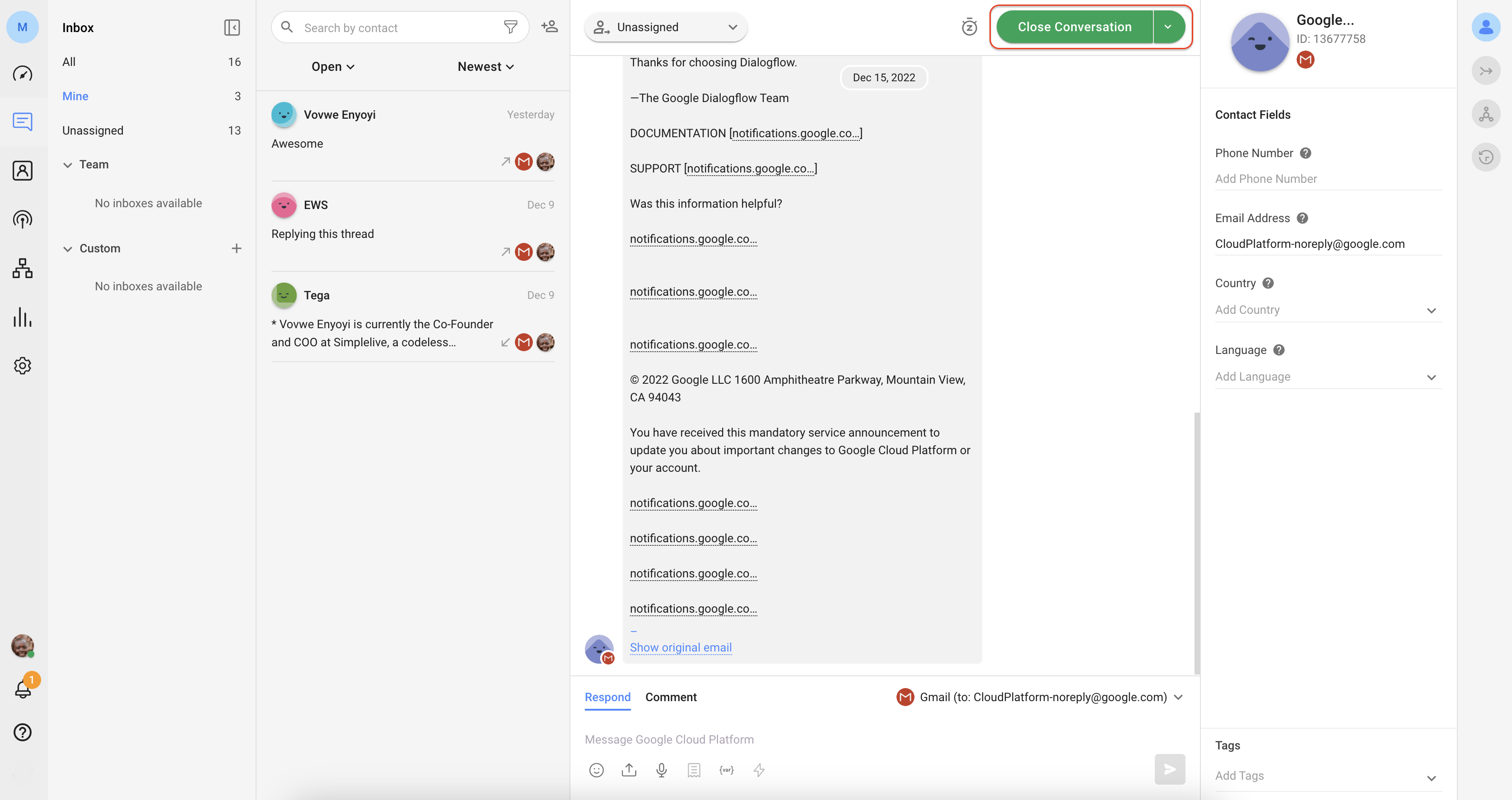 screenshot showing how to close a conversation