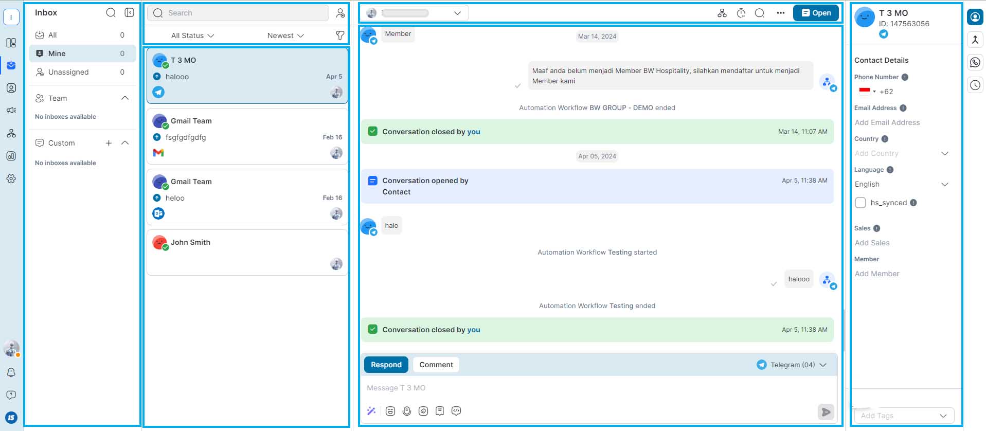 labeled screenshot of Messages Module showing where conversations, contacts and filters are