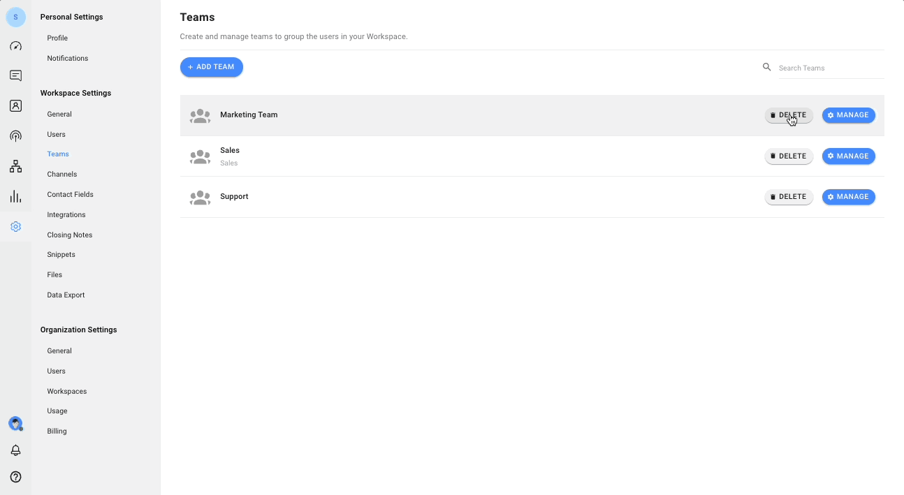 gif showing how to delete a team in respond.io