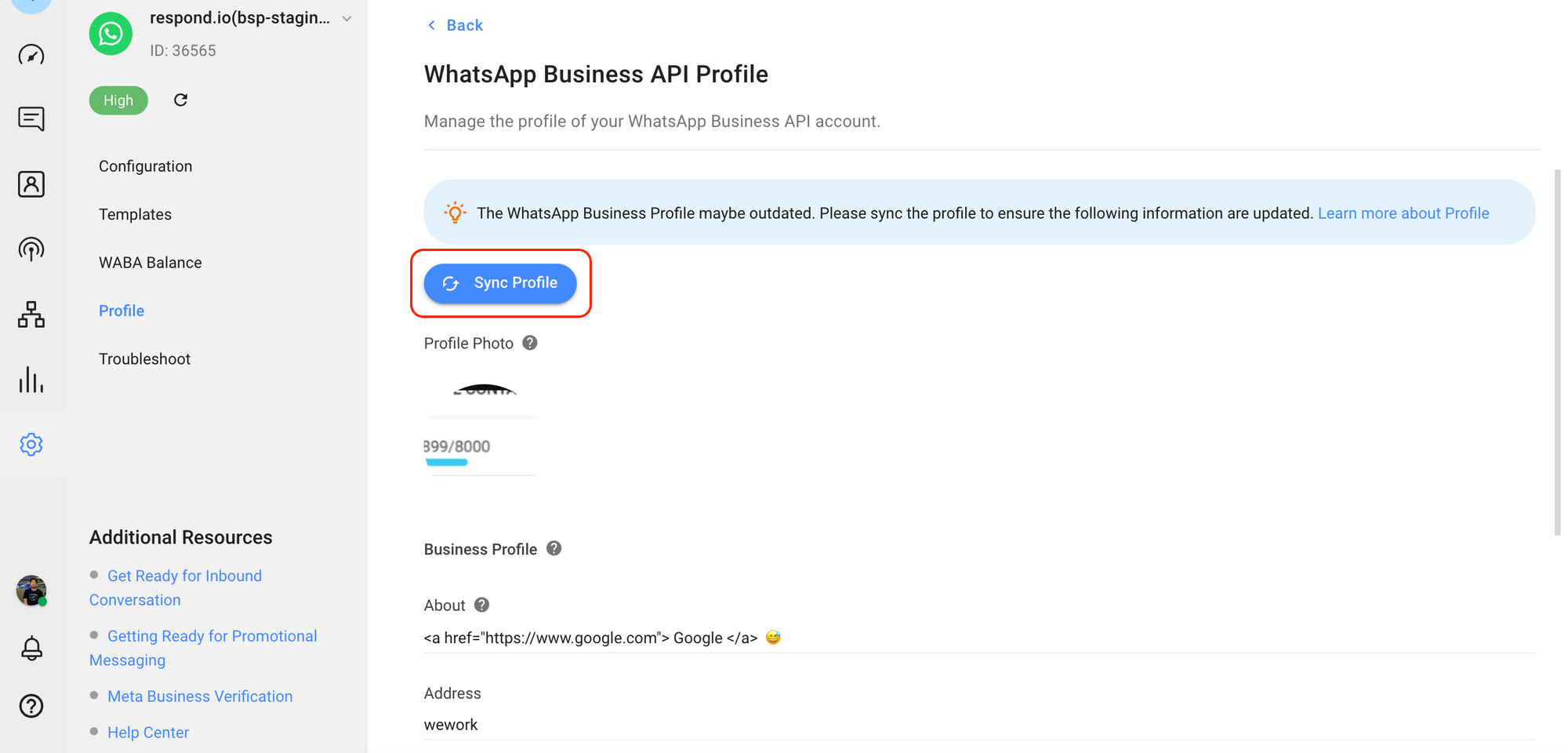 Managing WhatsApp Business API Profile - Sync Profile