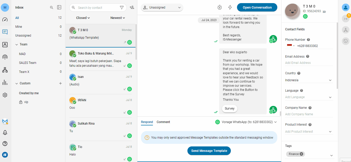 gif showing how to open a conversation in respond.io